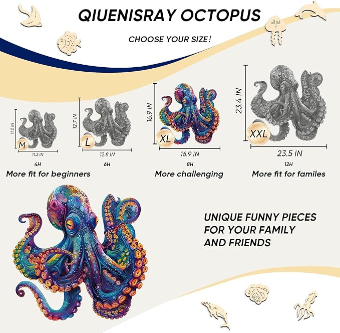 Qiuenisray 500 Piece Puzzles for Adults, Wooden Octopus Jigsaw Puzzles | FSC Certified Cool Puzzles, Unique Shape Ocean Puzzle Piece, Wall Decor, Wood Creative Gift for Family Game 16.9x16.9 in