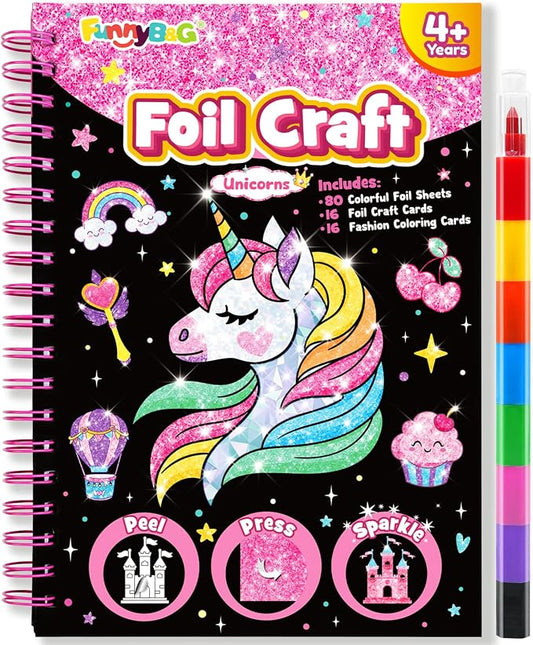 FUNNYB&G Foil Art Craft Kit for Kids, Sparkly Birthday Gift Toy for Girls | No Mess, Kids Ages 4-10 Create Sparkling Artwork, A Creative Gift for Birthdays, Holidays, Travel Activities,Screen-Free Fun