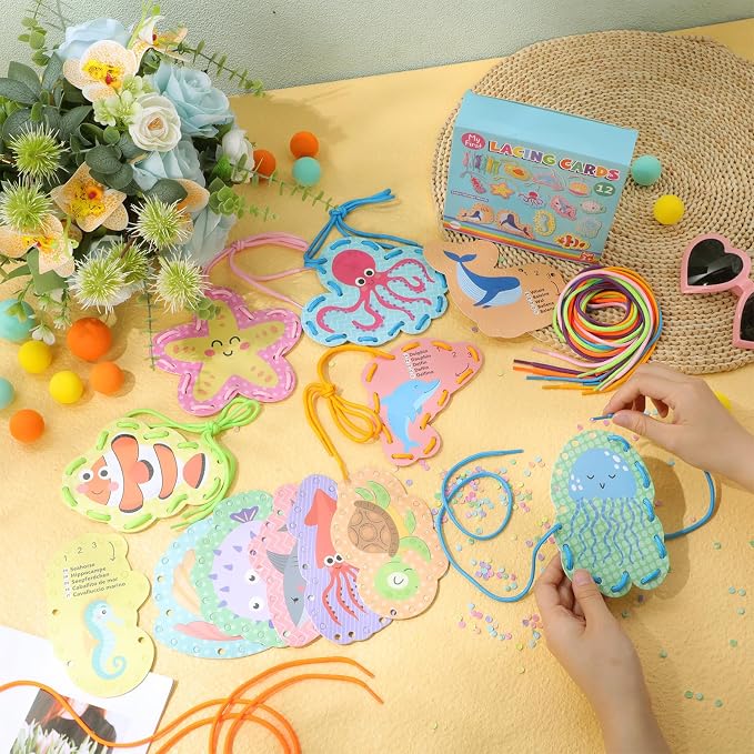 Chivao Lacing Cards for Toddlers Kids, 12 Pcs Sewing Kit Preschool Learning Activities for Kids Travel Craft Set Manipulatives for Preschoolers Homeschool Developing Imagination Skills