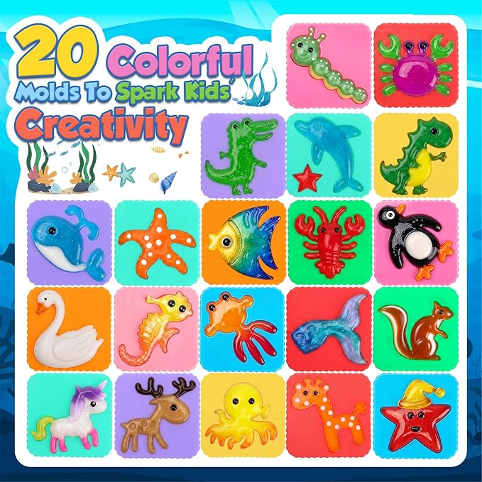 Nisuez Magic Water Elf Toy Kit - 50 Magic Gels (4 Type) & 20 Colorful Molds | DIY Squishy Making Kits Sensory Toys for Kids Color Shape Recognition & Fun Early Learning, 2 Display Bottles & Storage Bins