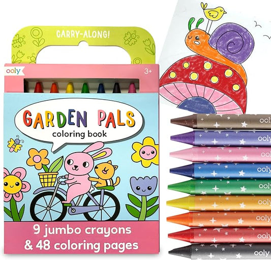 Ooly Kids Coloring Book 9 Jumbo Crayon Kit - Garden Pals | Ages 3+, Easy Grip, Handle Carry, Great for Car and Airplane Travel, Fun Gift