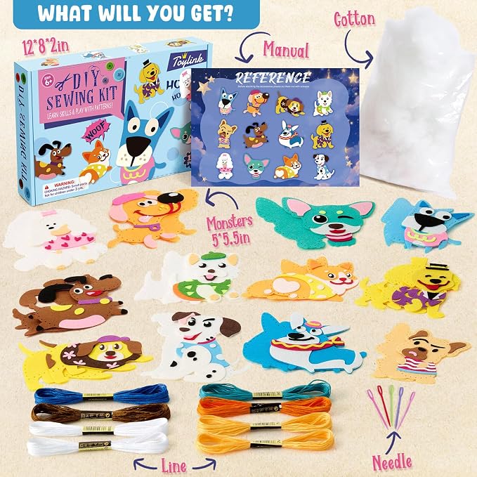 Toylink Dog Sewing Kit for Kids Beginners, 12-in-1 Sew Your Own Felt Puppy Craft Kit for Kids Girls Boys 6-8, 8-12, Fun and Educational Girls Birthday Gift Ideas