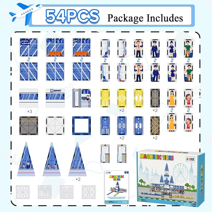 AFUNX Airport Magnetic Tiles Building Set for Kids Ages 3+ | Strong Magnets, Compatible with Major Magnetic Tile Brands,Pretend Play, Creative Building,Gift Ready