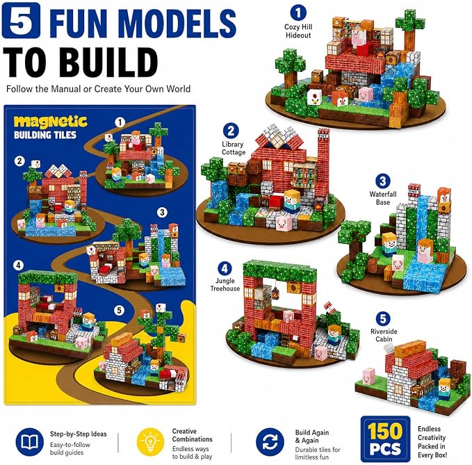 Magnetic Building Blocks 150PCS, 0.8in Stacking Cubes STEM Toy Kids Ages 3+ | Magnet Toys for Kids, Stacking Construction Magnets, School STEM Toys Birthday for Boys & Girls