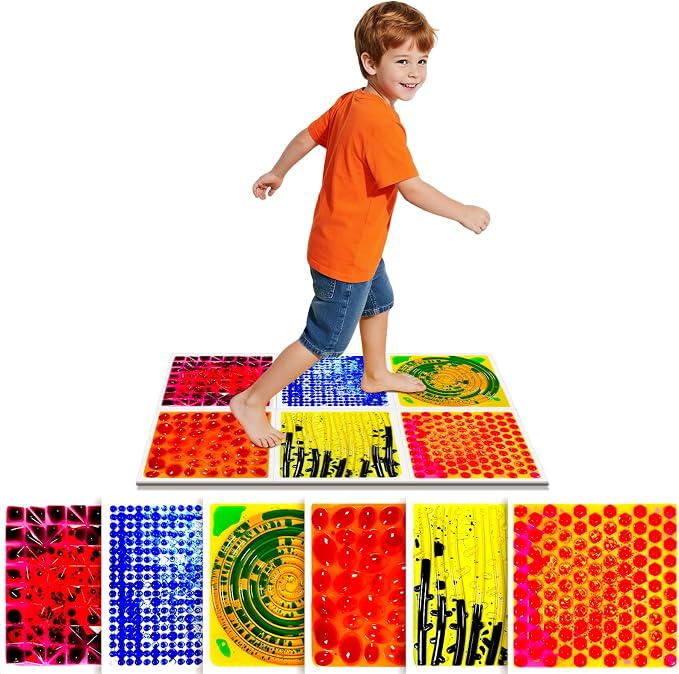 Sensory Floor Tiles for Daycare: 12" Textured Step-On Mats, 6 Pack | Colorful Liquid Flow and Tactile Patterns for Sensory Paths, Stepping Games, Balance Activities, and Gross Motor Play