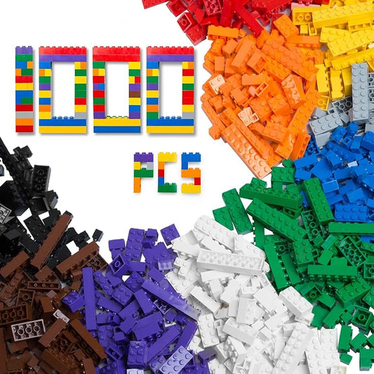 Barcaloo 1000 Piece Building Bricks Play Set, 10 Classic Colors Bulk Building Blocks, Generic Brick Building Parts, for Boys and Girls, Classic | Includes Wheels & Tires, Windows & Doors Pieces, Compatible with All Major Brands