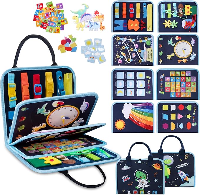 Toddler Busy Board Montessori Toys for 1-3 Year Old, Dinosaur Busy Book | Fine Motor Skills Sensory Toy with 23 Activities, Travel Toys for Airplane Car, Blue Gift for Boys Girls