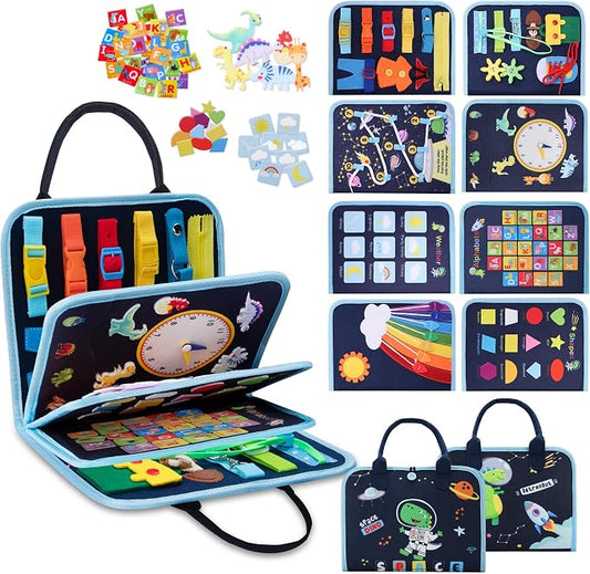 Toddler Busy Board Montessori Toys for 1-3 Year Old, Dinosaur Busy Book | Fine Motor Skills Sensory Toy with 23 Activities, Travel Toys for Airplane Car, Blue Gift for Boys Girls