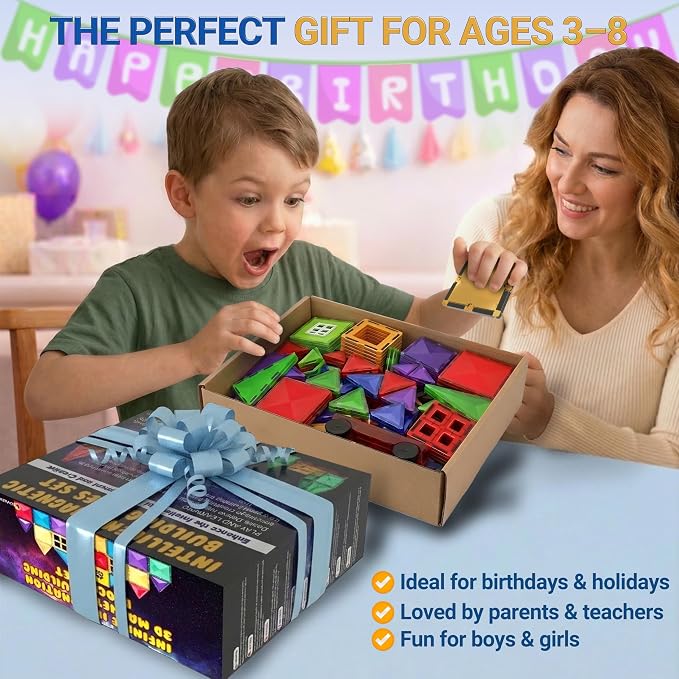 Magnetic Tiles Building Blocks Toy - STEM Educational Magnet Set for Kids, Creativity Preschool Learning Sensory Montessori Toddler Toys for Boys & Girls 3+ Years Old - 57PC