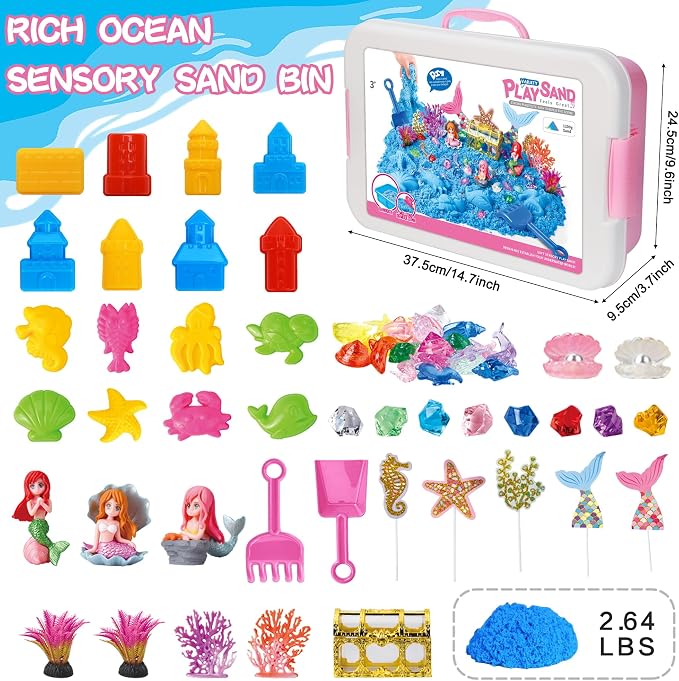 Pakimio Mermaid Sensory Sand Kit for Kids, Complete Sensory Bin with Lid | 2.64lbs Magic Sand, Mermaid Figures & Ocean Molds, STEM Montessori Sensory Toys for Kids 3-8, Girl Christmas Birthday Gifts