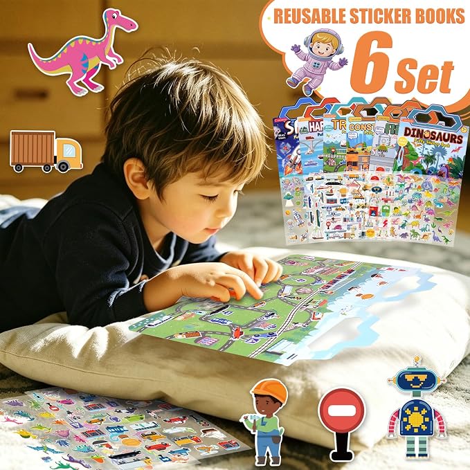 6 Pack Reusable Puffy Sticker Books, 250Pcs Kids Activity Stickers Ages 3+ | Travel Sticker Book Dinosaur/Space/Traffic/Robot/Harbor/Construction for Boys Girls