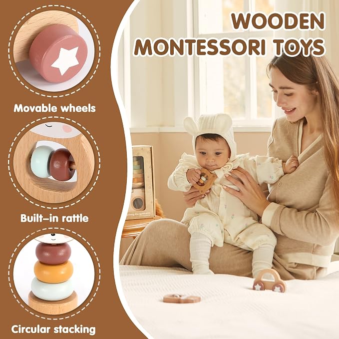 FReniland Wooden Montessori Toys, 5-Piece Wooden Baby Toys, Bear Baby Rattle, Fox Stacking Ring, Car Push and Pull Toys, Bear Grasping Toys,Newborn Baby Gift Sets for Boys and Girls