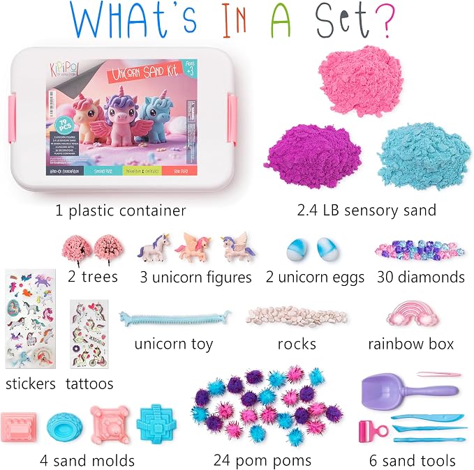 Kipipol Unicorn Sensory Bin for Toddlers 3-4, 5-7 Magic Sand Art Kit w Sandbox, 2.4 LB of Sensory Sand, 10 Sand Toys, 4 Unicorn Toys for Girls Age 4-6, 6-8 Christmas & Birthday Gifts for Girls