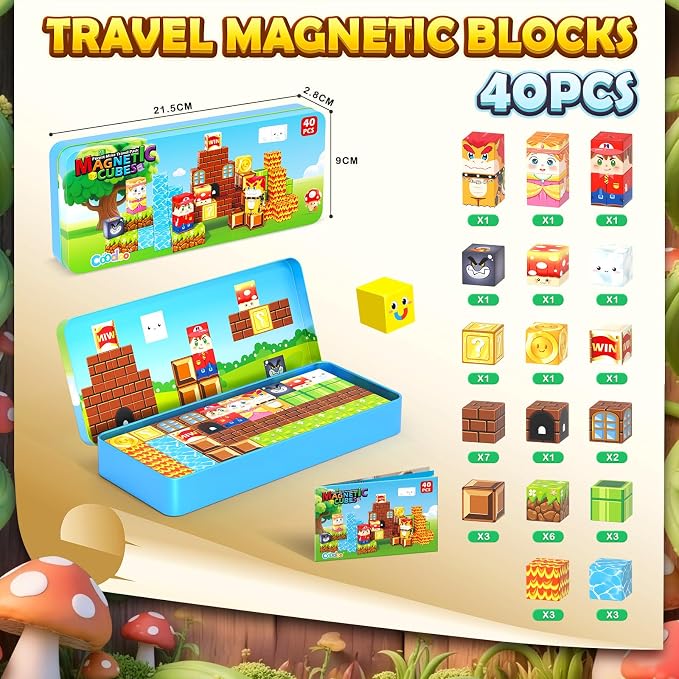 Magnetic Blocks Travel Toys with Portable Metal Tin – Toddler Magnet Tiles | Building Blocks STEM, Montessori Kids Toys for 3+ Year Old Boys & Girls, Classroom Must Haves, and Sensory Toys