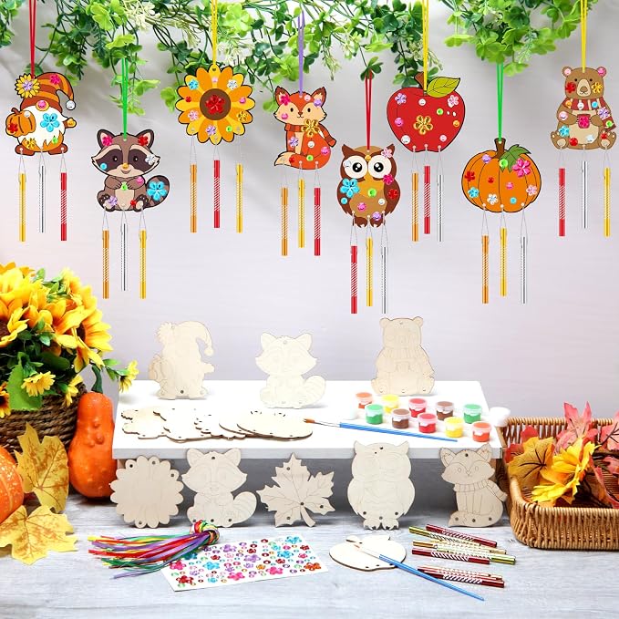 JellyArch 30 Pack Wind Chime Craft Kit, Wooden DIY Fall Animal Painting | 10 Designs Owl Fox Pumpkin Leaf Apple, Bulk Party Favors for Kids Adults, Includes Stickers Wood Sticks for Thanksgiving