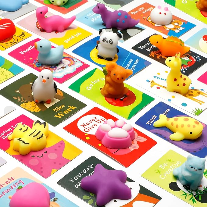 Squishy Toys for Kids, 28 Pack Mini Mochi Squishies and Cards | Soft Fidget Toys Goodie Bag Stuffers Party Favors for Kids Treasure Box Classroom Prizes