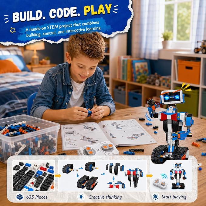 Robot Building Kit for Kids Ages 6-12, Remote Control STEM Coding Toy | 635-Piece Rechargeable Robot Kit, 5 APP Modes Control, Creative Programming, DIY Build Fun, Birthday gift for Boys and Girls