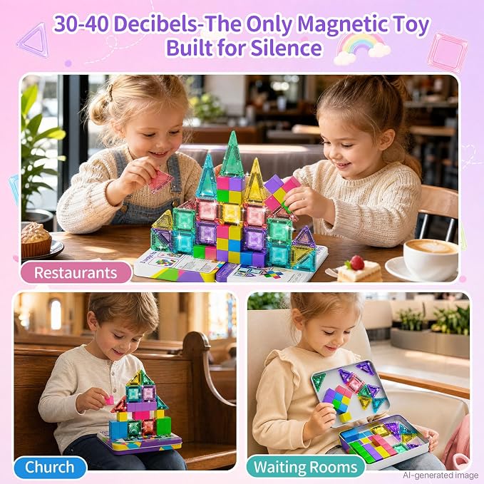 Travel Magnetic Tiles Building Set STEM Educational Building Toys | 48 PCS Transparent 3D Magnetic Blocks with Construction Board for Boys & Girls Ages 3-8 (3 in 1 Compatible)