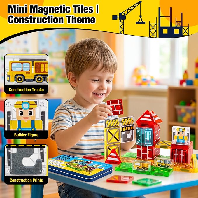 42PCS Mini Magnetic Tiles Toddler Travel Toys for Boys 3-5 Year Old Gifts | Construction Theme, Portable Metal Case, Kids Travel Essentials for Airplane, Car & Road Trip, STEM Preschool Learning Toys