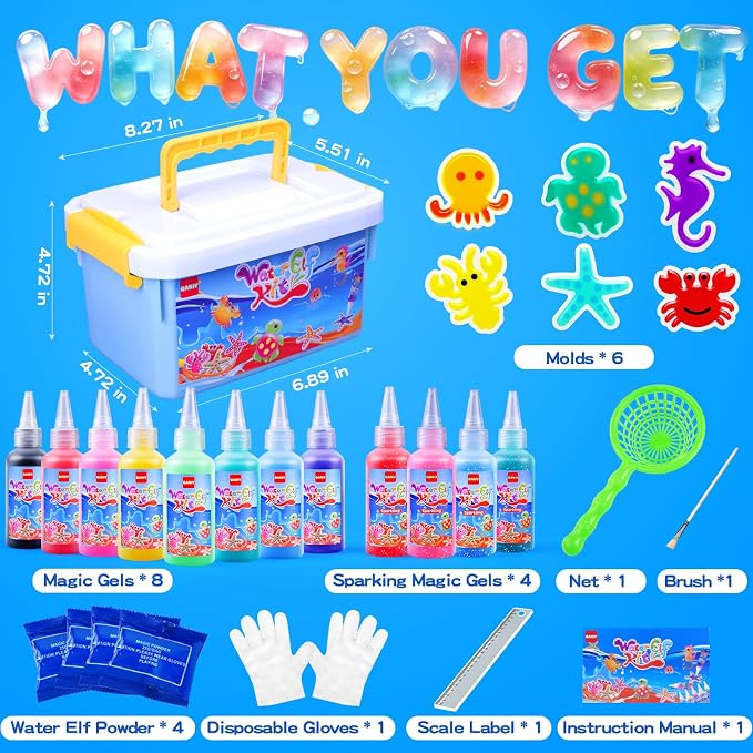 QANIY Magic Water Elf Toy Kit, Aqua Fairy Water Gel Kit,Christmas Gifts for Kids Ages with 12 Gels and 6 Molds, DIY Squishy Maker Set, Kids Christmas Gifts, DIY Crafts for Boys and Girls Ages 3+