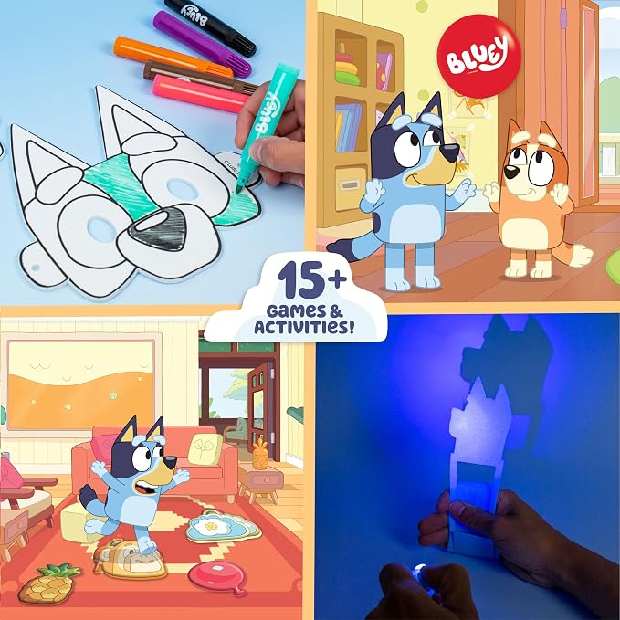 Bluey Imagination Case, 15 Games & Activities, Travel-Friendly Playset With Markers, Crayons, Balloons, Puppets & Games for 3 Year Olds, Fun Bluey Toys & Toddler Games, Party Decorations