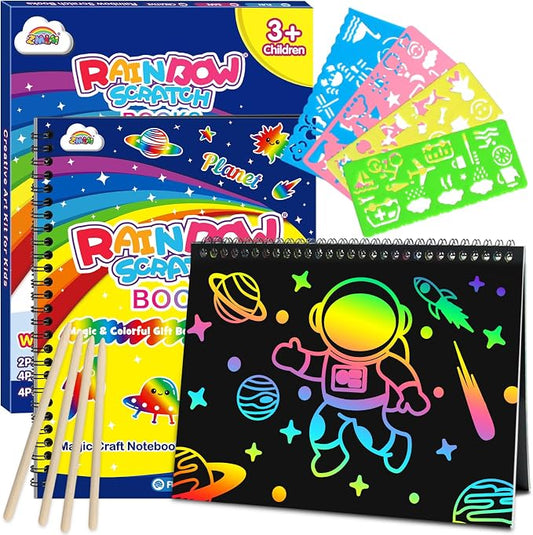 ZMLM Scratch Paper Art-Crafts Gift: 2 Pack Rainbow Notebooks Supplies Toys | Art Crafts for 3 4 5 6 7 8 9 10 11 12 Years Old Girls and Boys Kids Birthday Christmas Party Travel Games Activities Planet