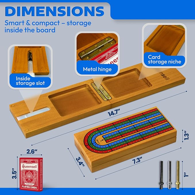 Cribbage Board Game Set with Storage - Classic Game Travel Cribbage Board with Wooden Card Storage for Adults & Kids - Ideal for Game Night