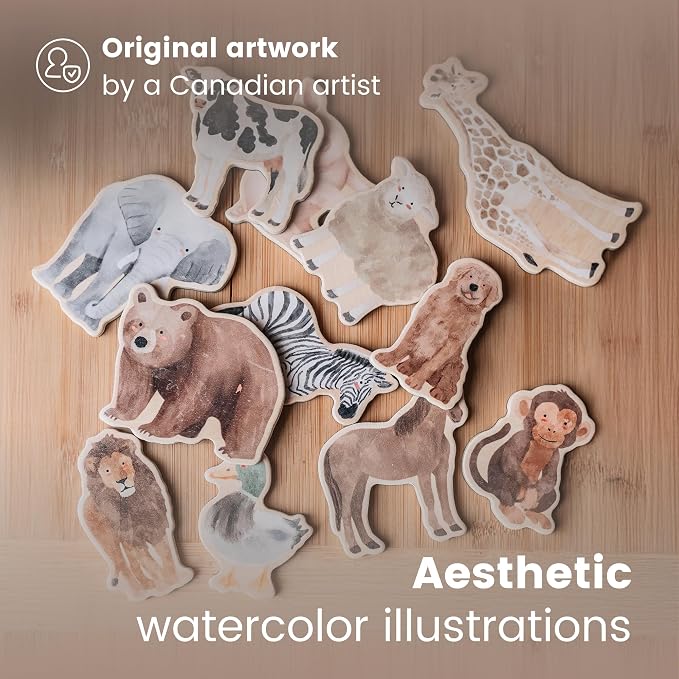 Wooden Animal Magnets for Toddlers | 19 Pieces | Original Watercolor Art on Basswood | Aesthetic Fridge Magnets | Farm, Wild, Sea & Domestic | Montessori-Inspired | Ages 2+