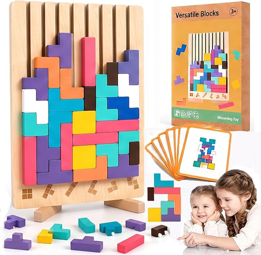 Montessori Wooden Stacking Puzzle Toy, 3D Color Stack Game for Kids Ages 3+ | 42 Solid Wood Blocks Puzzle, Smooth Edges, Logic Development, Brain Teaser, Giant Stacking Challenge Game, Preschool, Family