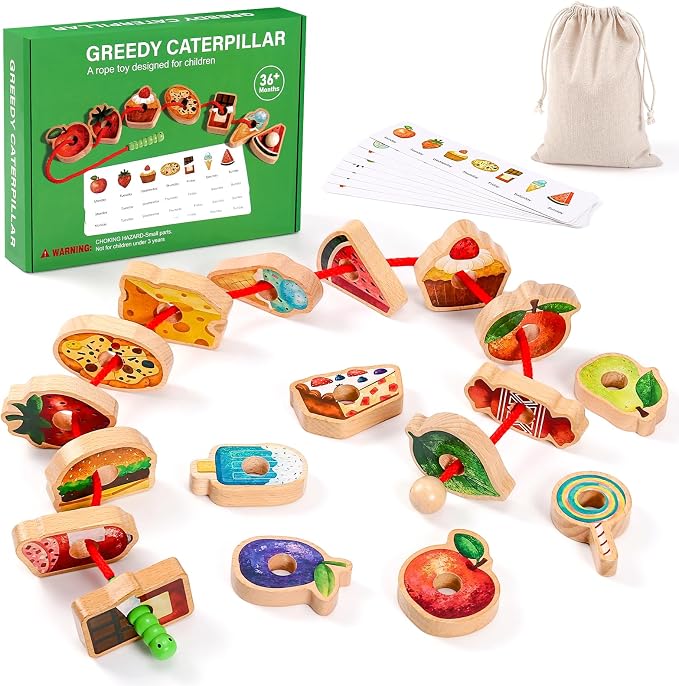 Wooden Greedy Caterpillar Lacing Toy, Fine Motor Game, Ages 2-5 | 18 fruit and vegetable beads, 8 pattern cards, storage bag and box for lacing, sorting, matching, and travel play