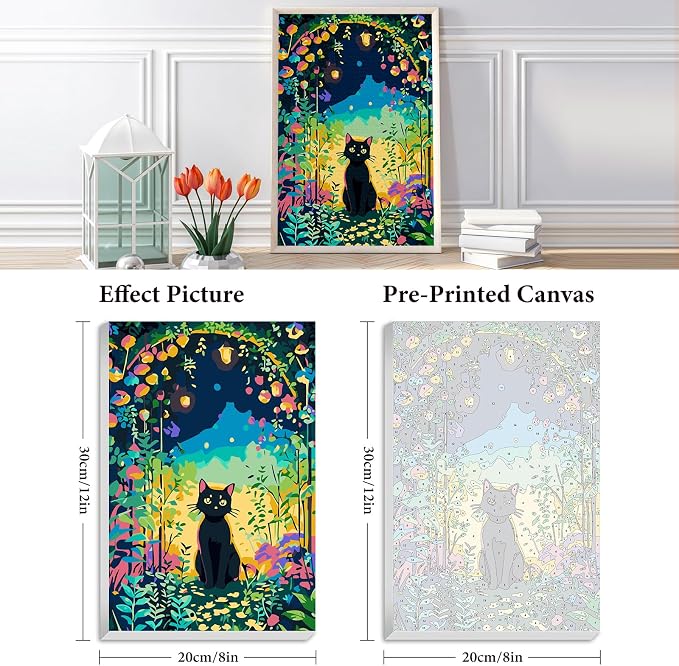 Fountor Framed Paint by Numbers Kit for Adults Beginner & Kids Ages 8-12, Black Cat Paint by Number with Frame, Easy Acrylic Cat Flowers Painting by Numbers Kit on Canvas 8x12 inch