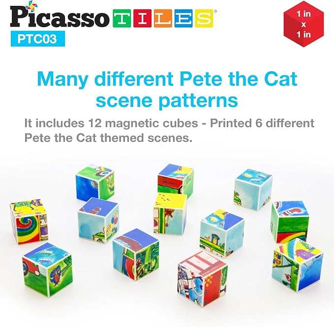 PicassoTiles Magnetic Tiles Pete the Cat Magnet Puzzle Cube Set 6 Cartoon Theme Mix and Match Brain Teaser STEM Educational Toy for Kids Toddlers Preschool Age 3 Plus Sensory Learning Play Kit PTC03
