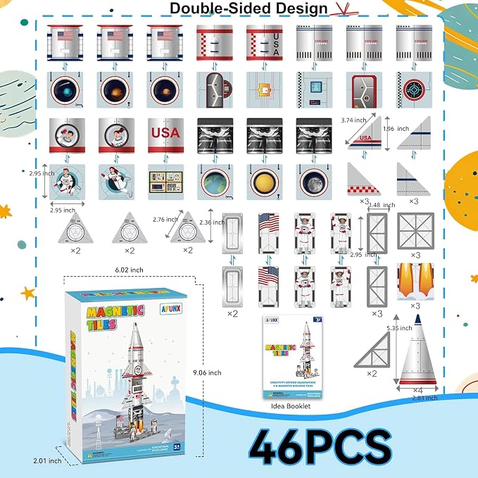 AFUNX Space Rocket Magnetic Tiles, Building Blocks STEM Toy for Kids 3+ | Rocket Themed Magnetic Blocks with Astronaut Designs,Smooth Edges, Compatible with Other Tiles, Gift for Kids