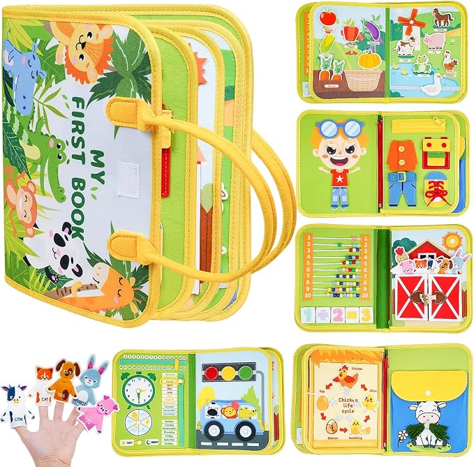Montessori Busy Book for Toddlers 1-3, 20-in-1 Quiet Book with Bonus Animal Finger Puppets, Sensory Travel Activity Book for Toddlers, Educational Toy for Fine Motor Skills & Early Learning
