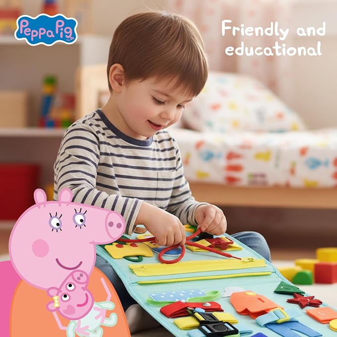 Official Evie Busy Board for Toddlers 3-5 - Montessori Busy Book - Peppa Pig Baby Sister, Sensory Travel Toy for Airplane & Car, Preschool Learning Fine Motor Skills, Birthday Gift for Boys & Girls