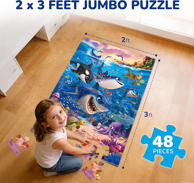 BenBen Floor Puzzles for Kids, 48 Pieces 2 x 3 Feet Ocean Puzzle Ages 3-5 | Extra-Thick Large Piece Jumbo Jigsaw Puzzle for Toddlers, Preschool Educational Toy with Storage Box for Girls Boy