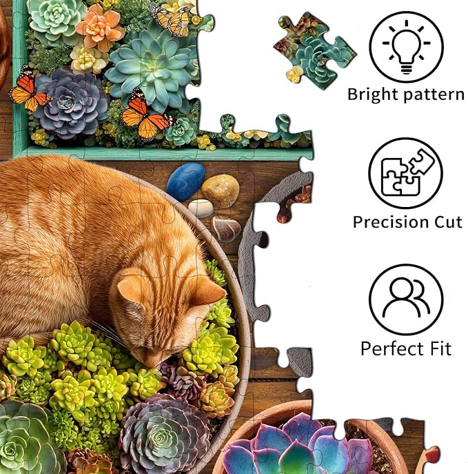 200 Pieces Jigsaw Puzzles for Kids and Adults-Succulent and Cat Puzzle | 200 Large Pieces 15" x 19" Jigsaw Puzzles,Puzzles for Kids Ages 6-12,Casual Entertainment Toys for Kids Teens Seniors