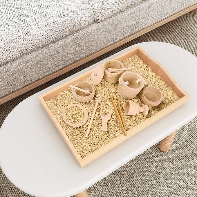 Montessori Sensory Bin Toys for Toddlers, 11pcs Wooden Toys | Waldorf Toys - Wooden Scoops and Tongs for Transfer Work and Fine Motor Skills Development