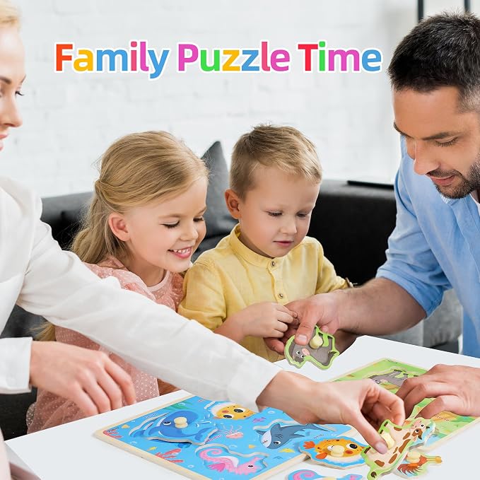 Melofaver Toddler Wooden Peg Puzzles, Montessori Learning Baby Puzzles | 6PCS Toddler Puzzles with Knob -Dinosaur, Farm, Farm Animal, Sea Animal, Fruit, Kids Puzzles Gifts for Boys Girls Christmas