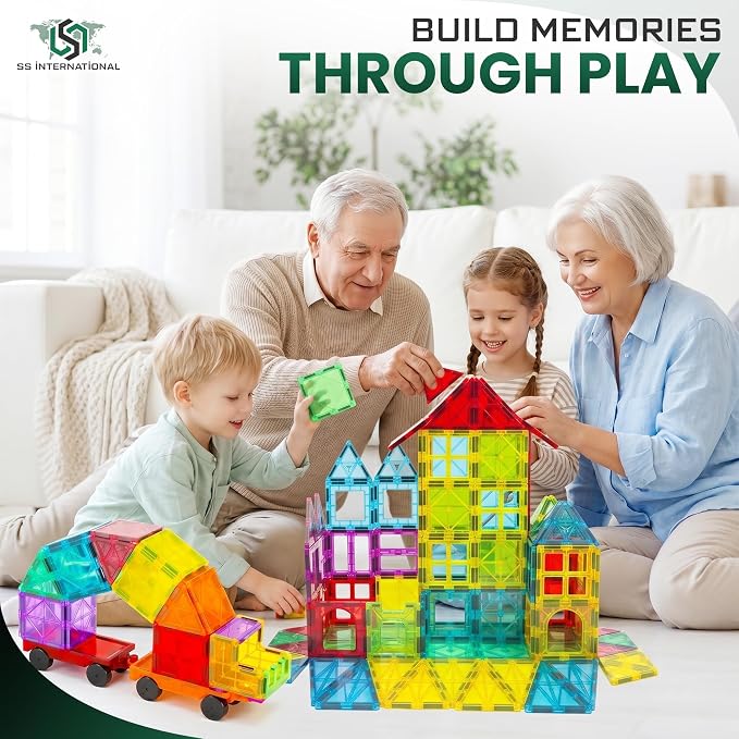 Magnetic Tiles 100 Pcs with 2 Cars STEM Building Blocks Toys for Kids 3+ | 100-piece magnetic building tile set with 2 cars for STEM, open-ended play, and kindergarten classroom learning fun