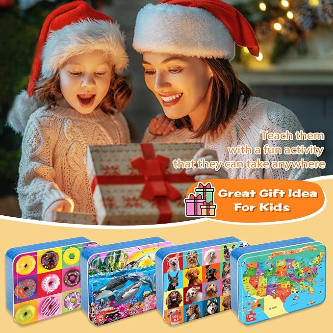 LELEMON Puzzles for Kids Ages 4-6,4-Pack 100 Piece Puzzles for Kids Ages 4-8 in a Metal Box,Dogs Donut USA Map Underwater World Educational Jigsaw Puzzles Puzzle Games Puzzle Toys for Girls and Boys