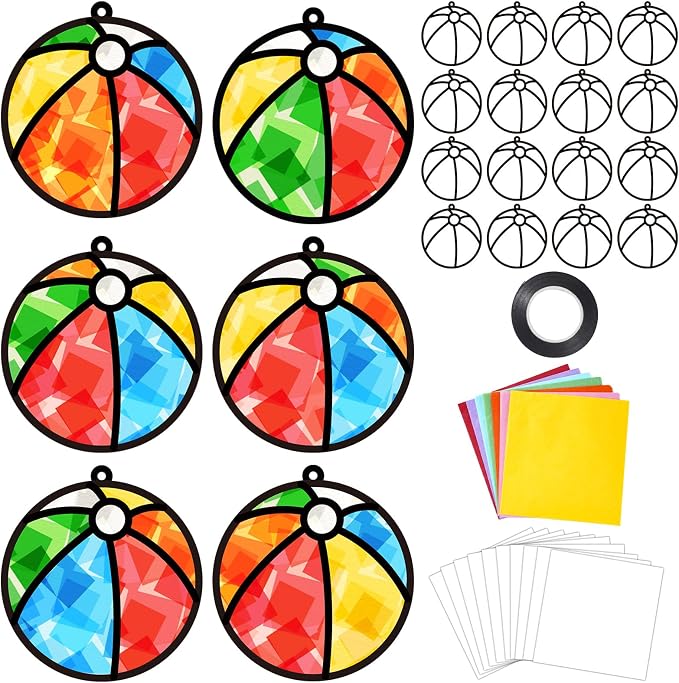 Qyeahkj 36 Set Beach Balls Suncatchers Craft for DIY Summer Party Paper Craft Kit Game Beach Balls Stained Glass Window Ornaments Decoration for Home Art Project Party Favor Gift