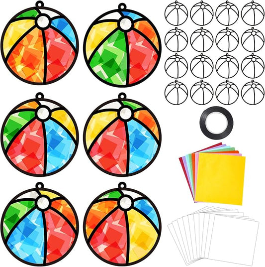 Qyeahkj 36 Set Beach Balls Suncatchers Craft for DIY Summer Party Paper Craft Kit Game Beach Balls Stained Glass Window Ornaments Decoration for Home Art Project Party Favor Gift