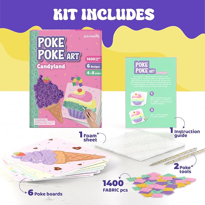 jackinthebox Poke Art Candyland Crafts Kits for Kids, Girls Gift, Ages 4-8 | 1400 fabric pieces, travel arts activities & birthday gifts, mess-free toddler, age 4 5 6 7 8 9 year old, flower pressing