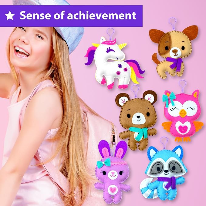 KRAFUN Unicorn Animal Sewing Keyring Kit for Kids Ages 7-12 | 6 Dolls | Make 6 stuffed animal keyrings: Bear, Dog, Rabbit, Raccoon & Owl. Instructions & felt materials included