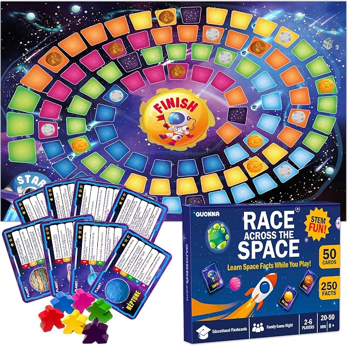 QUOKKA Space Board Game for Kids Ages 8-12 and Families – Fun Space Trivia Game with 50 Cards, Colorful Tokens & Game Board – Learn Planets, Moons Facts – Educational Family Games