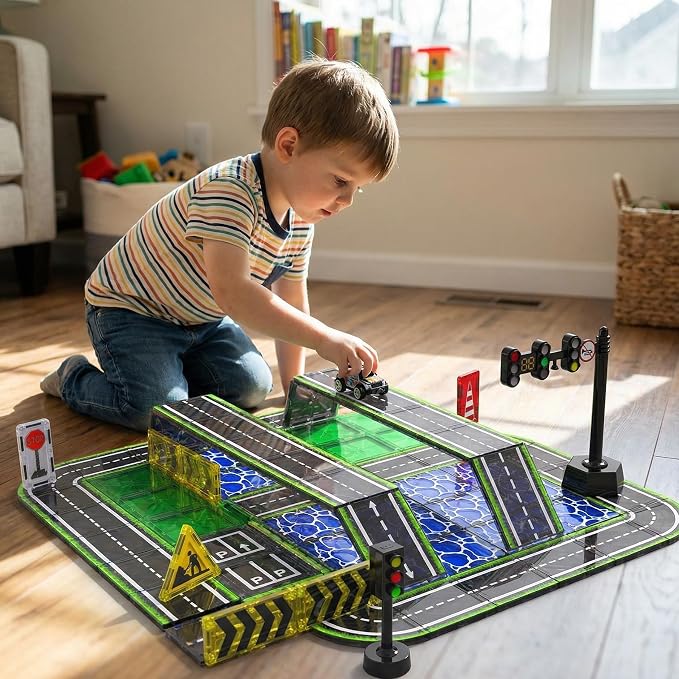 Magnetic Road Tiles Set with Pull-Back Cars,Magnet Building Blocks for Kids Ages 4-8 with Magnetic Ship & Traffic Lights,STEM Educational Preschool Learning Toys,Ideal Gift for Boys and Girls