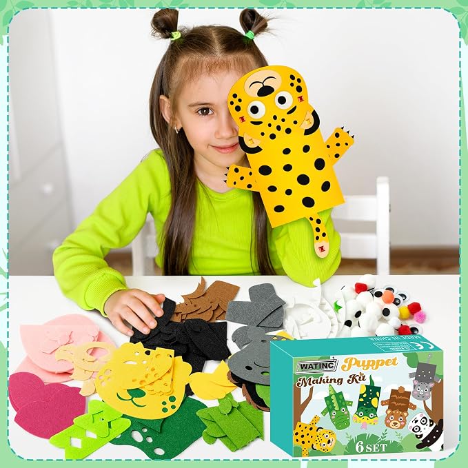 WATINC Hand Puppet Making Kit, Felt Sock Puppet Toys for Kids (Wild B) | 6 Styles, Make Your Own Storytelling & Role Play Crafts, Creative Group Activity, Party Favors & Gifts for Kids Ages 4-8