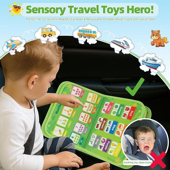 lucdnc Toddler Busy Board Montessori Toys, 10 Pages Felt Activity Book | over 3+ Year Old, Develops Fine Motor Skills, Educational Sensory Travel Toy, Airplane Car