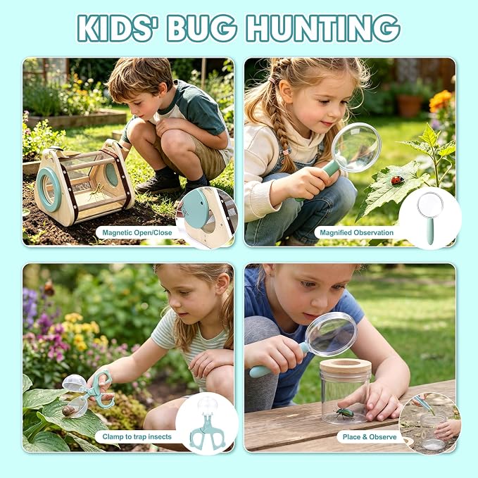 Kids Bug Catcher Kit, 11-Piece Outdoor Explorer Set with Bug Vacuum, Wooden Insect House, Butterfly Net, Ages 4-8